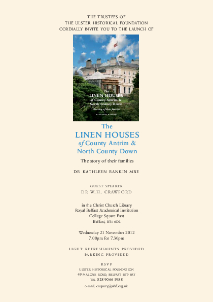Linen Houses of Co. Antrim Book Launch Flyer