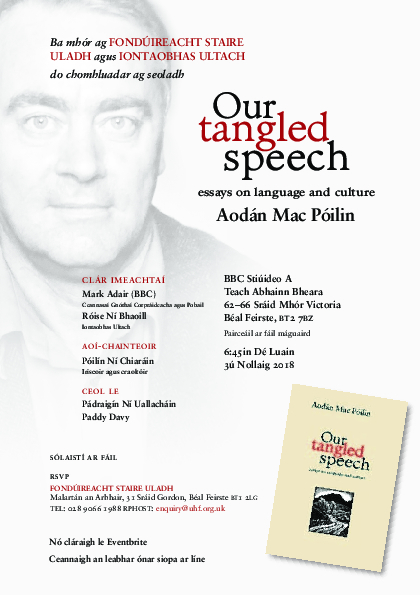 Our Tangled Speech Book Launch Flyer (Gaeilge)