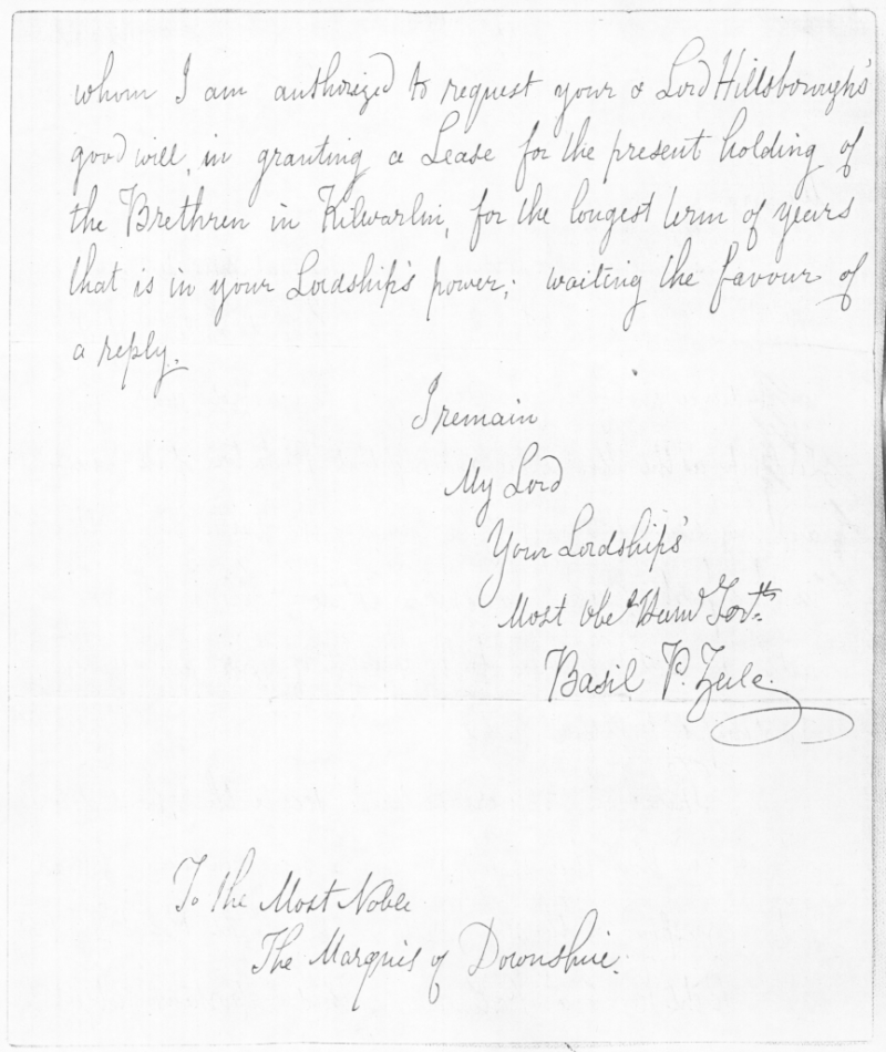 Letter from Rev Zula to the Marquis of Downshire, requesting an extension of the lease, December 26th 1837 (2)